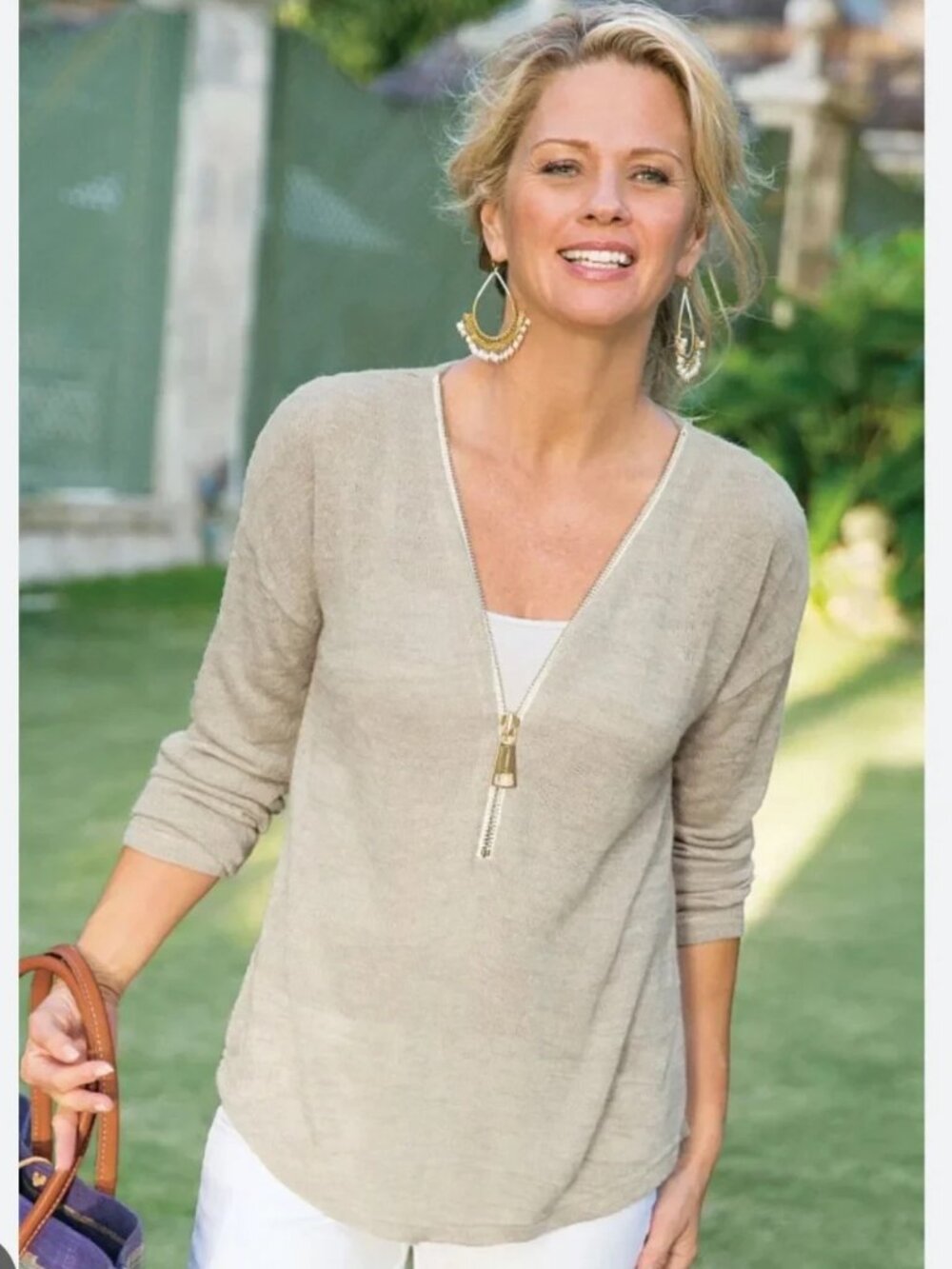 Soft Surroundings Valentina Zip Sweater Women’s Stone Beige V-Neck Knit S